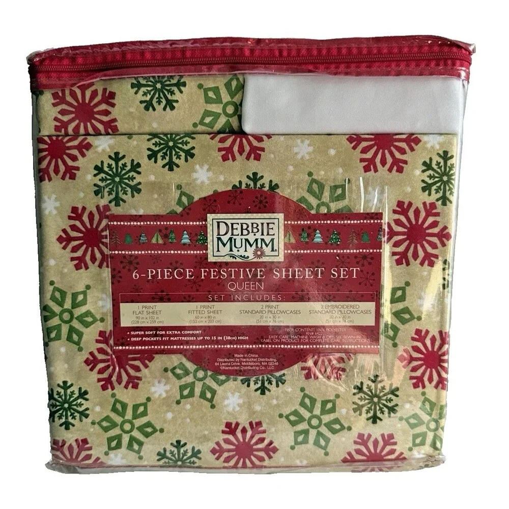 Debbie Mumm Christmas Queen Sheet Set Snowflake 4 Pillowcases Flat Fitted Sheet